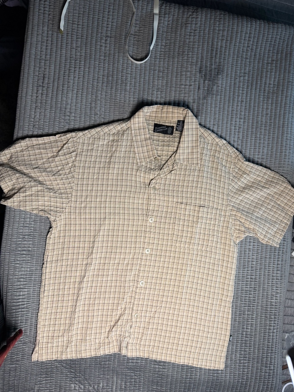 Men's Vintage Pineapple Connection Short Sleeve Beige Plaid Button-Up Shirt Sz:L